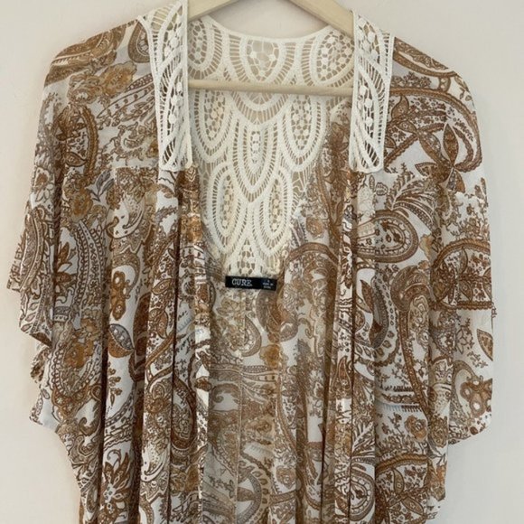 CURE. Woman's L Paisley Print Sheer Kimono Shrug with Crochet Detail Beige - Picture 2 of 8